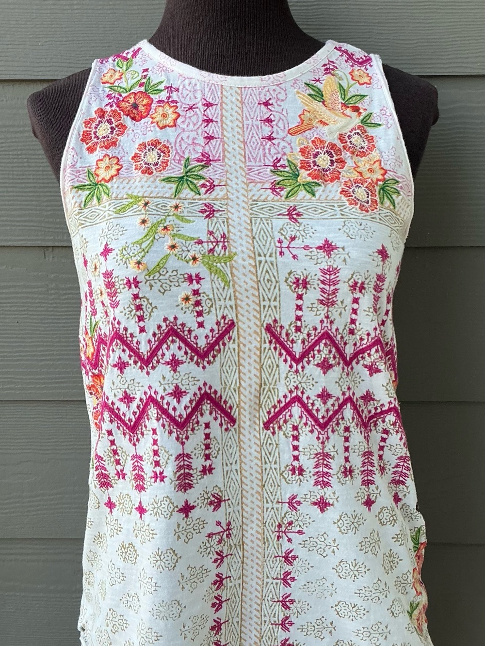 Sundance Embroidered Floral & Hummingbird Boho Tank XS